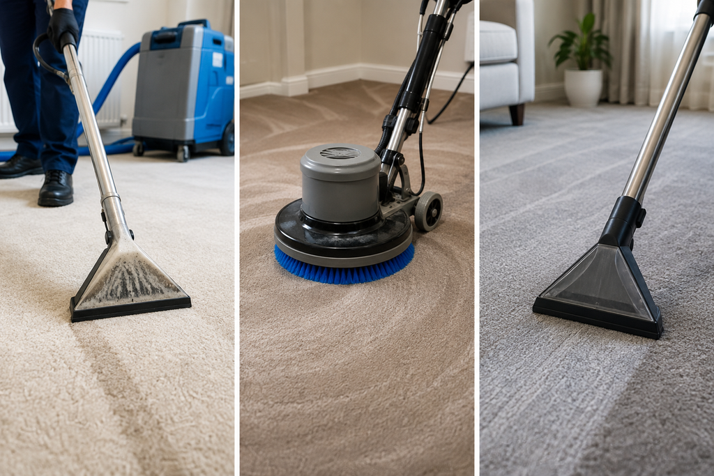 Learn the difference between hot water extraction, steam cleaning and low-moisture carpet cleaning, including fibre and drying considerations.
